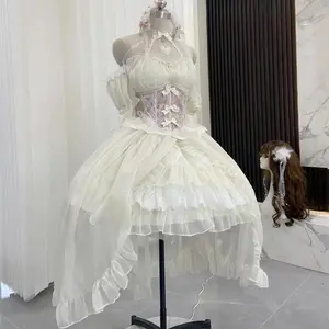 Victorian Vintage Lolita Dress Women Elegant Lace Bow Princess Evening Party Trailing Dresses Girls Kawaii Flower Wedding Dress