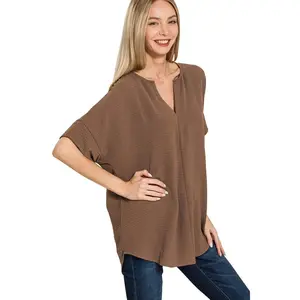 Zenana Woven Airflow Split Neck Short Sleeve Top