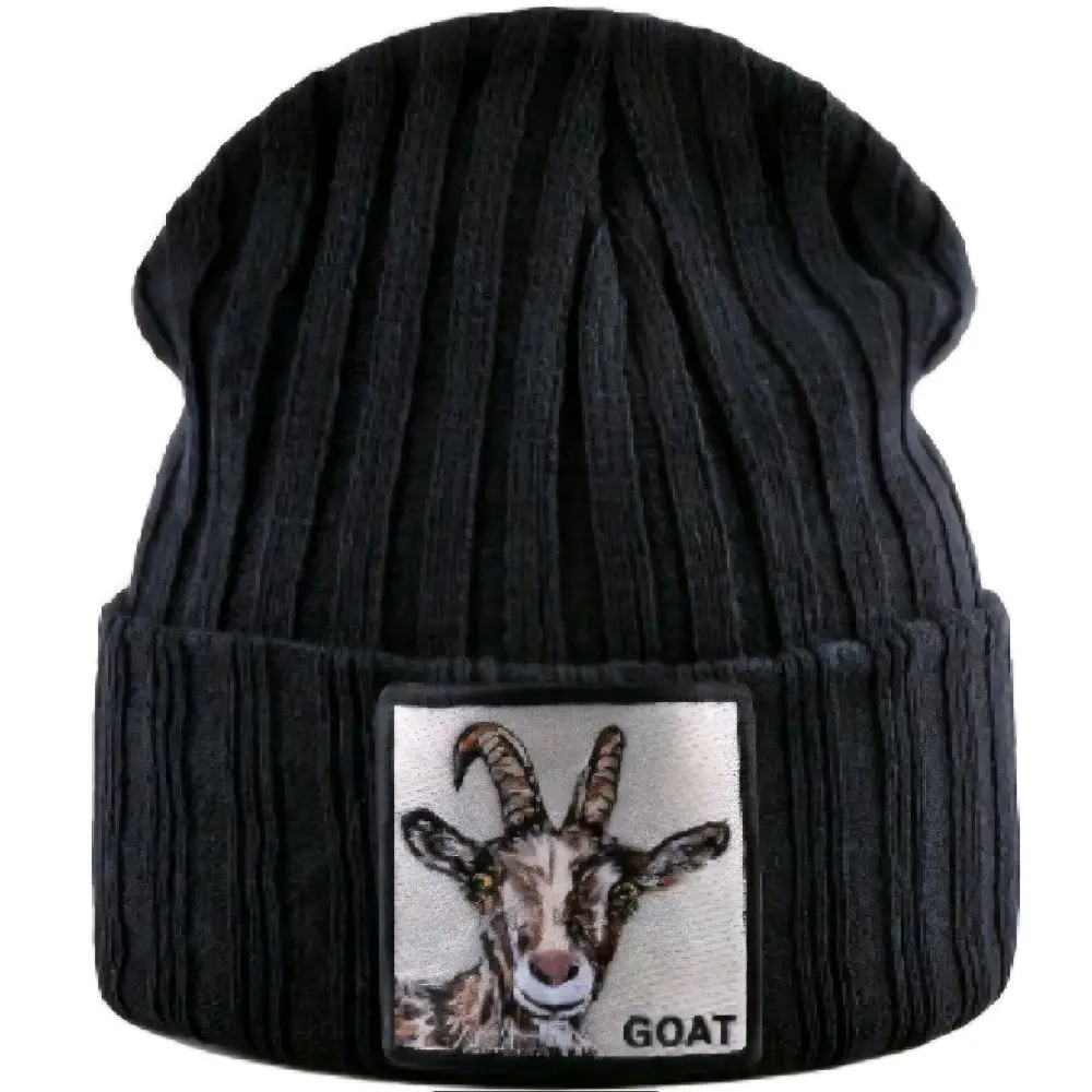 Goat Beanie - Black Ribbed Knit Hat with Embroidered Goat Design for Winter Fashion