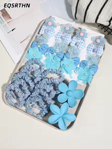 32pcs fashion all-match hairpin hairband set, blue bow hairpin, flower hairpin, hot drill shiny blue ponytail hairband, flower hair grip gift for women's daily life