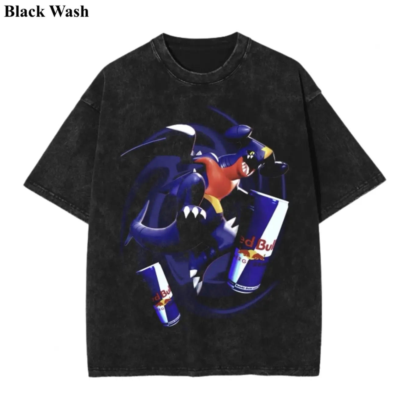 Vintage Garchomp x Bull Soda Wash Tee, Pocket Monster x Energy Soda Graphic Tees, Pocket Monster T-Shirt, Unisex Anime Shirt, PKM Gift, Gym Workout Shirt, Menswear Womenswear Streetwear Top Fit Oversize