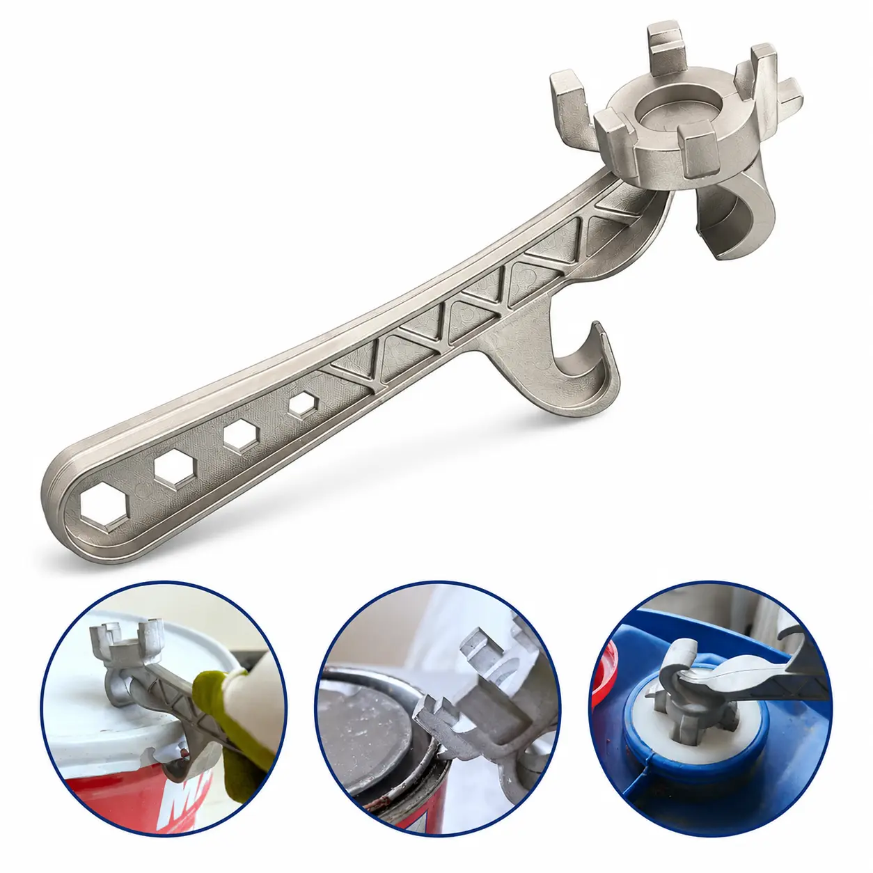 7-in-1 Heavy-Duty Aluminum Bung Wrench - Compact & Lightweight Drum & Plastic Bucket Opener, Easy to Use & Effort-Saving Ergonomic Lever, Non-Sparking for Safer Operation, 5–55 Gal Barrel Cap Remover, Built-In Hanging Hole for Garages, Industrial Settings