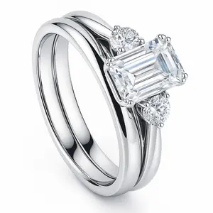 BERRICLE Sterling Silver 3-Stone Engagement Rings Stackable Band for Women, 1 Carat Emerald Cut Cubic Zirconia CZ Ring Set