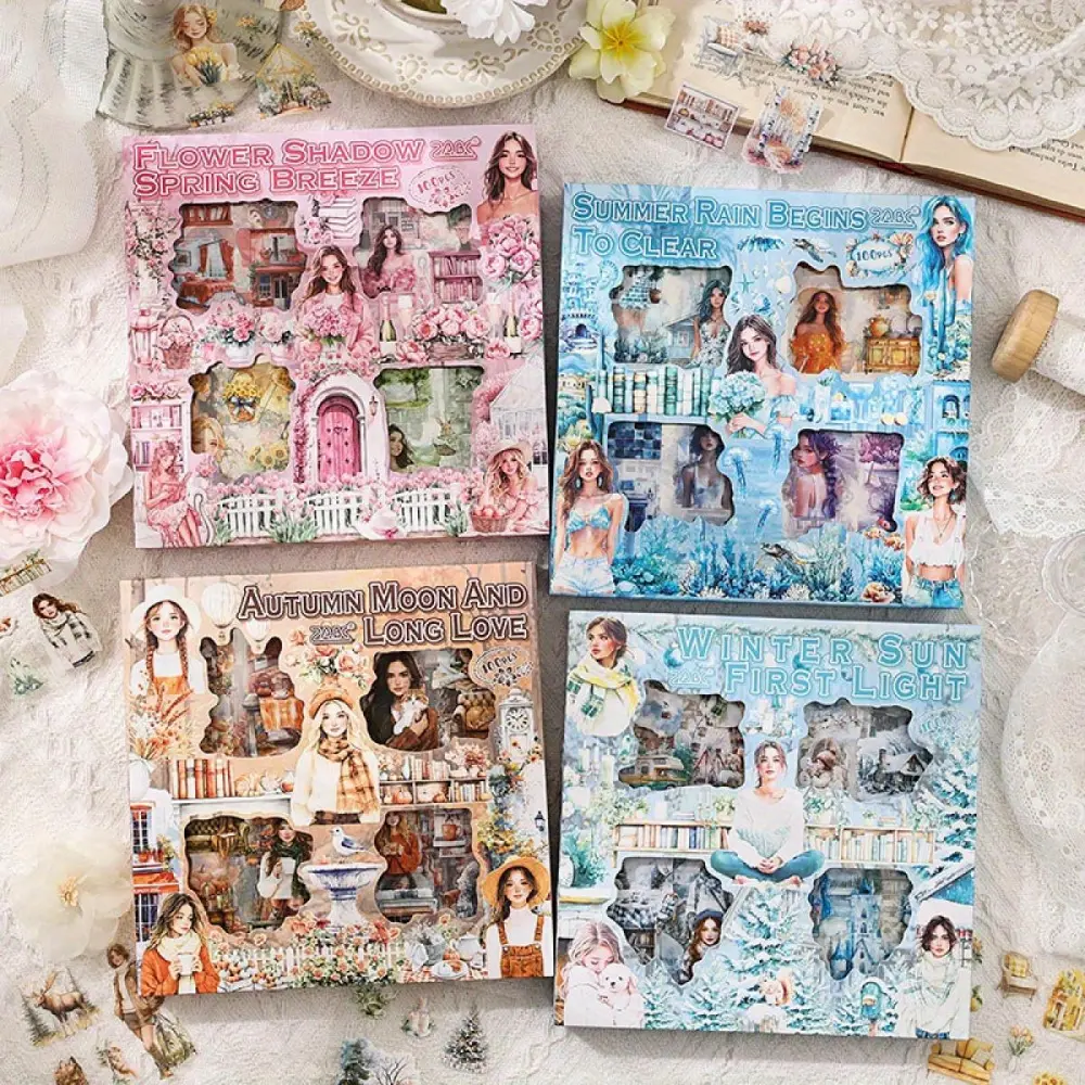 4 models, 1 model 100 pieces of four season theme stickers plants, flowers, and character patterns. PET waterproof material, retro style, DIY notebook decoration, scrapbook material, sticker book.