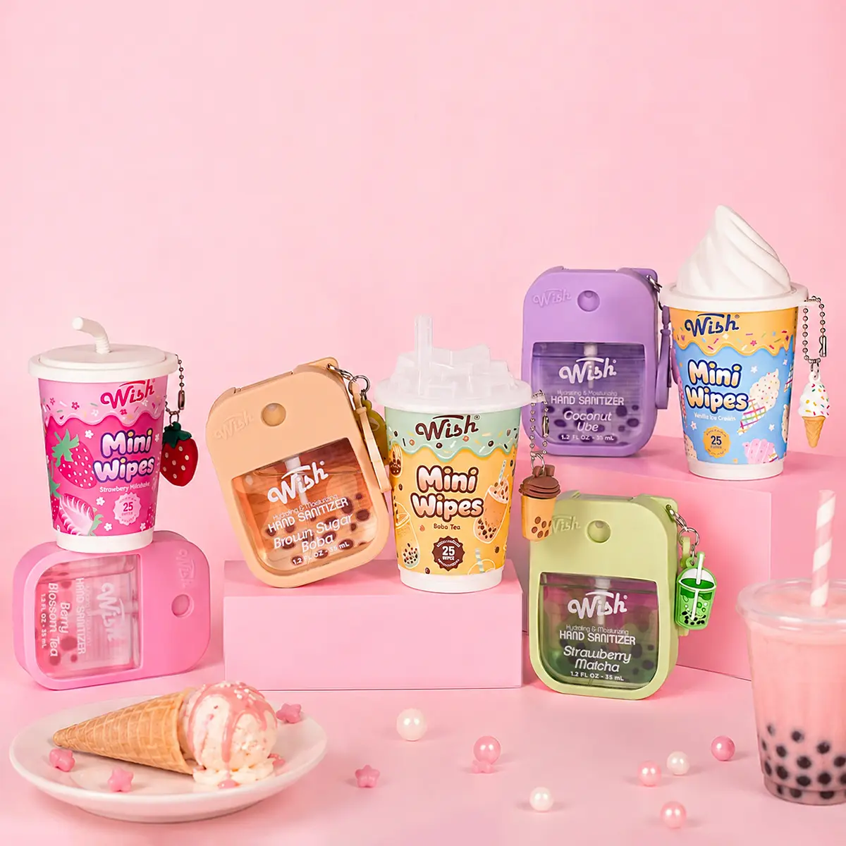 【SWEET TREAT CLEAN KIT】Boba Hand Sanitizer + Dessert Mini Wipes | 7-Piece Scented Clean On-the-Go Set with Cute Clip-On Charms
