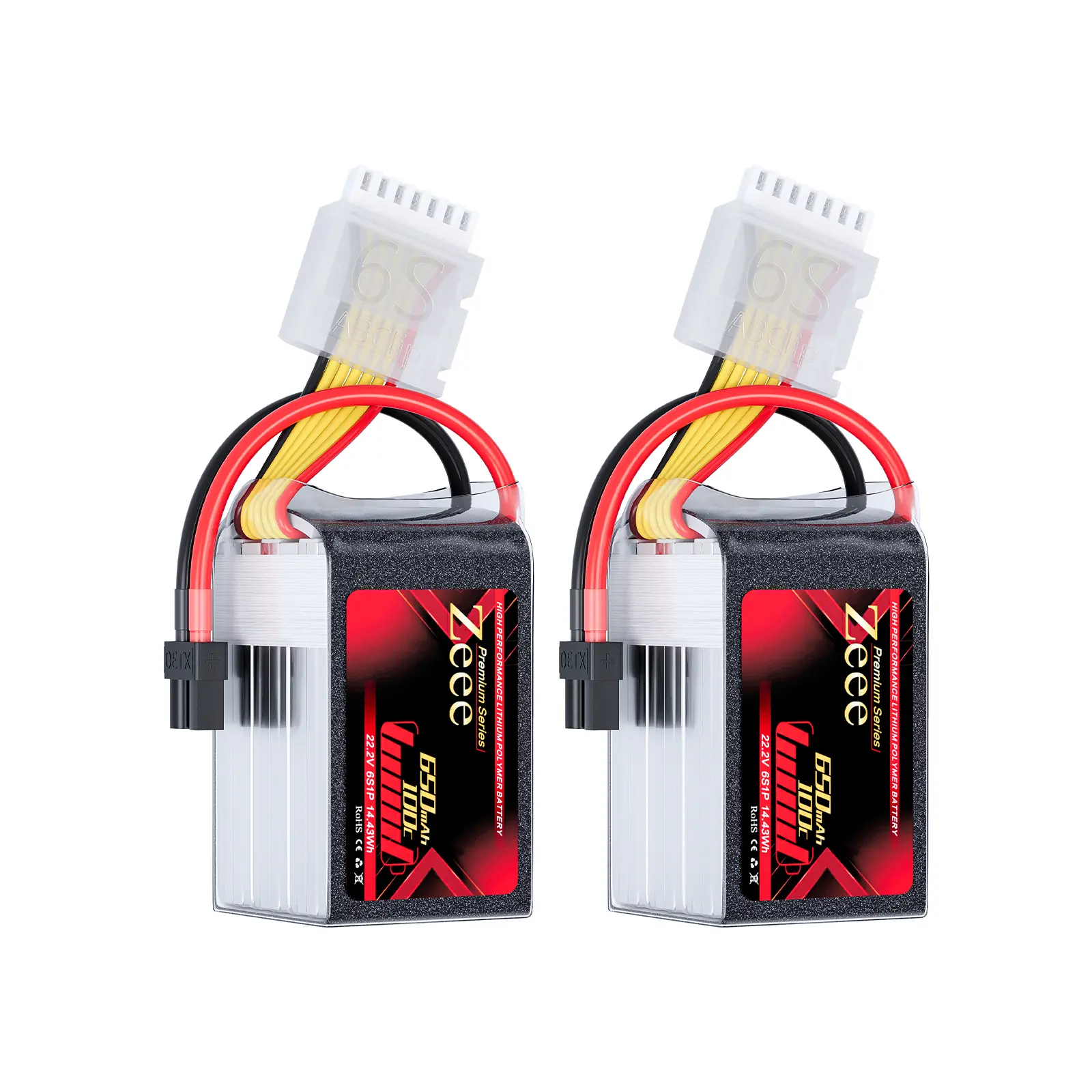Zeee Premium Series 6S Lipo Battery 650mAh 22.2V 100C with XT30 Plug for FPV Racing Drone Quadcopter Helicopter Airplane RC Models (2 Pack)