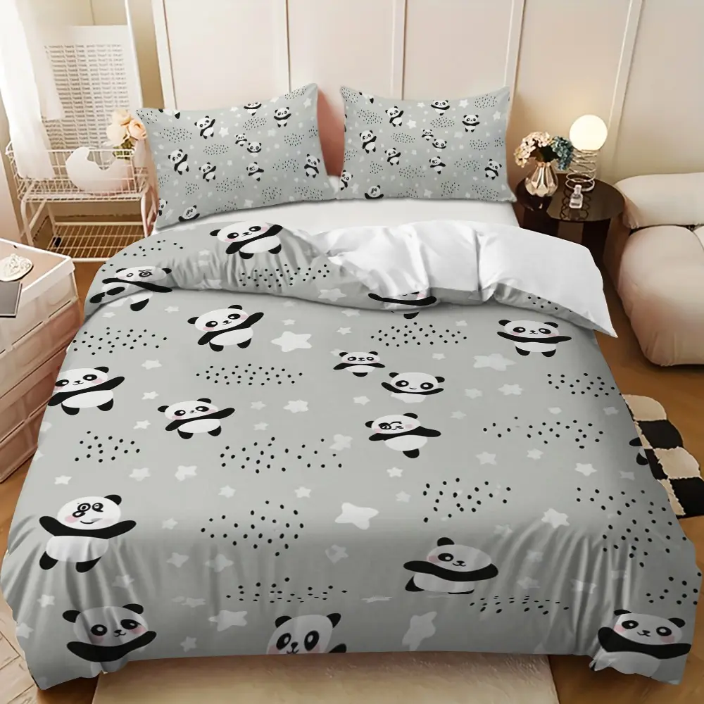 Bedding 3-piece set - 3PCS,gray and white panda and star pattern down comforter set (1 comforter cover + 2 pillowcases, filling not included). soft and comfortable, suitable for family bedrooms.