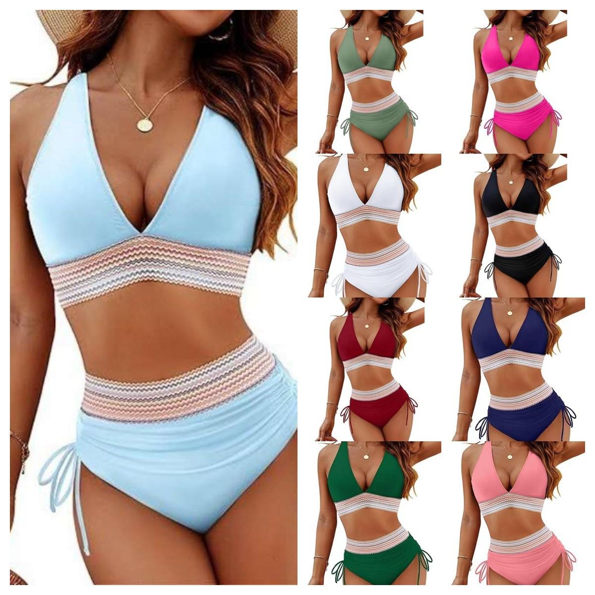 Boho Lace Trim Halter Bikini, High Waisted Bathing Suit in 8+ Colors, Summer Swimwear for All Occasions
