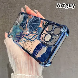 Ocean Whimsy Pattern Four Corner Anti-Fall Phone Case Transparent Electroplated Protective Cover for iPhone 16 Pro Max 15 Plus 14 13 12 11 E