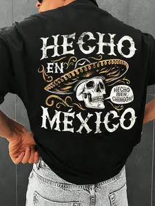 2026 TikTok Viral Hecho En Mexico Skull Graphic T-Shirt, Men's Vintage Streetwear Oversized Tee, Mexican Sombrero Calavera Print Crew Neck Shirt, Retro Distressed Front & Back Graphic Tee, Edgy Hip Hop Street Style, Comfy Casual Daily Wear