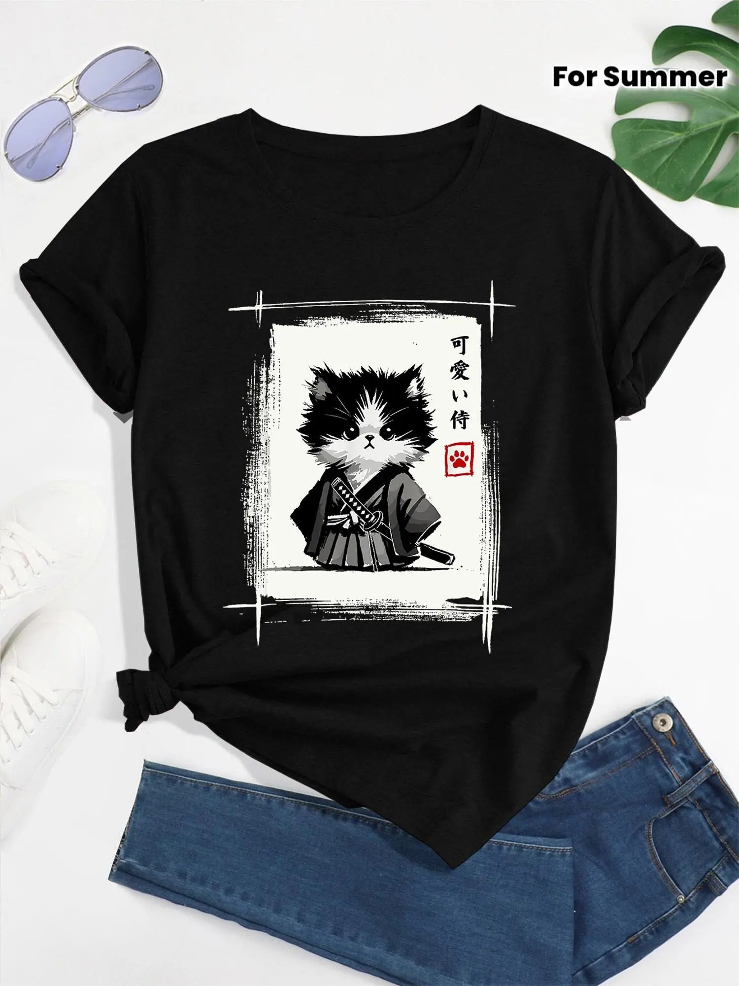 Womens Graphic Tee Samurai Cat Japanese Ink Art Print Cute Funny Design Casual T Shirt Streetwear Style Crewneck Short Sleeve Soft Cotton Breathable Comfortable Fit Spring Summer Daily Wear Trendy Aesthetic Fashion Top