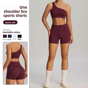 2026 New Arrival Premium One-Shoulder Yoga Set for Women| Summer High-Waisted Biker Shorts with Pockets & Sports Bra