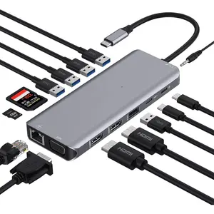 USB C Laptop Docking Station, 14 in 1 Type C Hub Multiport Adapter Dongle with 3 Monitors, Dual HDMI, VGA, PD, Ethernet, SD/TF, USB C/A Ports, Mic/Audio, Compatible for /Surface// Laptops