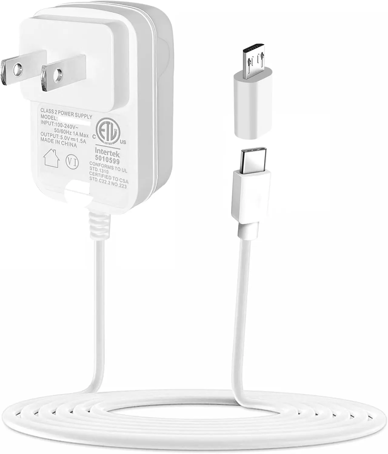 5V 1.5A 1A Charger 5 Volt DC Power  with USB Type C and  USB Port, fit for DC 5 V 0.1A-1.5A 5Vdc Kindle Tablet Android Smartphones Power Adapter and More.