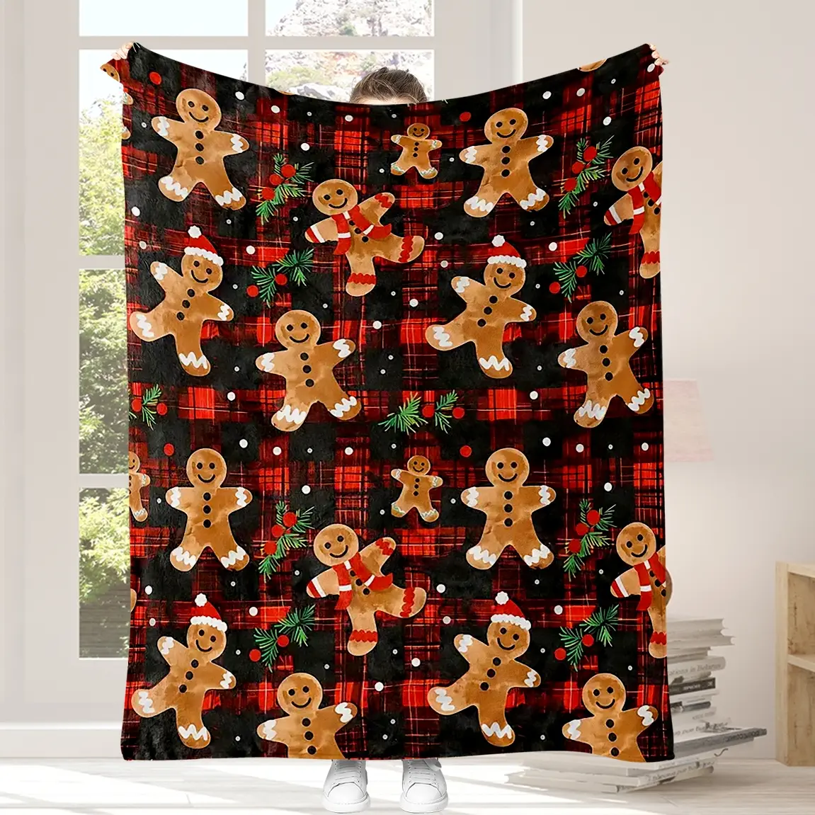 Christmas Cartoon Gingerbread Man Blanket, Soft 280gsm Flannel Throw for Bedroom Living Room Decor, Perfect Gift for Family, Lightweight Cozy Blanket