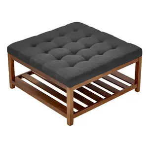 【DealsForYouDays】VEVOR Large Square Ottoman Coffee Table, 34.5 Inch Tufted Coffee Table with Solid Wood Shelf Storage, Linen Solid Upholstered Footrest Ottoman for Bedroom Living Room, 400 LBS, Dark Gray