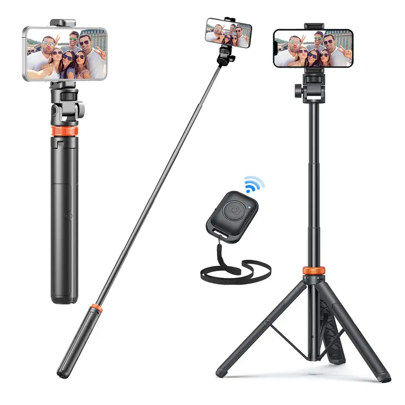 61 In Portable Smartphone Tripod-Camera Stand Mount with Remote Shot, Aluminum Accessory, Nylon Shell, Universal Screw, 1380mm Precision Extension Rod, Selfie Stick for iPhone 15/14/13/Android, Reinforced On-the-Go Stability
