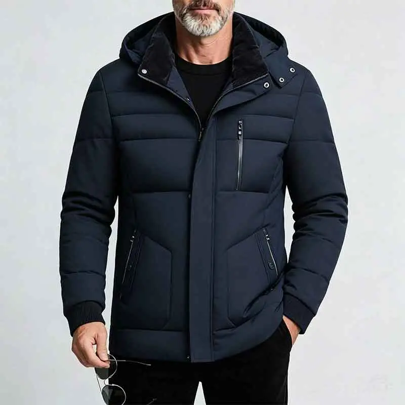 Men's Autumn Winter Mid-Length Hooded Down Jacket - Zipper-Button Front Closure, Multiple Zippered Pockets, Straight Cut, Casual Topstitching, Warm Outerwear