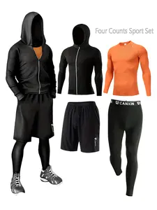 Men's Zip Up Hooded Jacket & Pants & Tee & Shorts Sportswear Set, Breathable Quick Drying Sports Clothing Set for Running Gym Cycling Outdoor Activities, Men's Sportswear Set for All Seasons