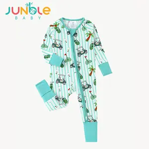 JUNBLEBABY Baby Bamboo Fiber Double Zipper Hoodie with Stripes and Golf Print One-Piece Climbing Suit Removable Foot Covers, Unisex, Striped, Baby Clothing, Bamboo Toddler Outfit