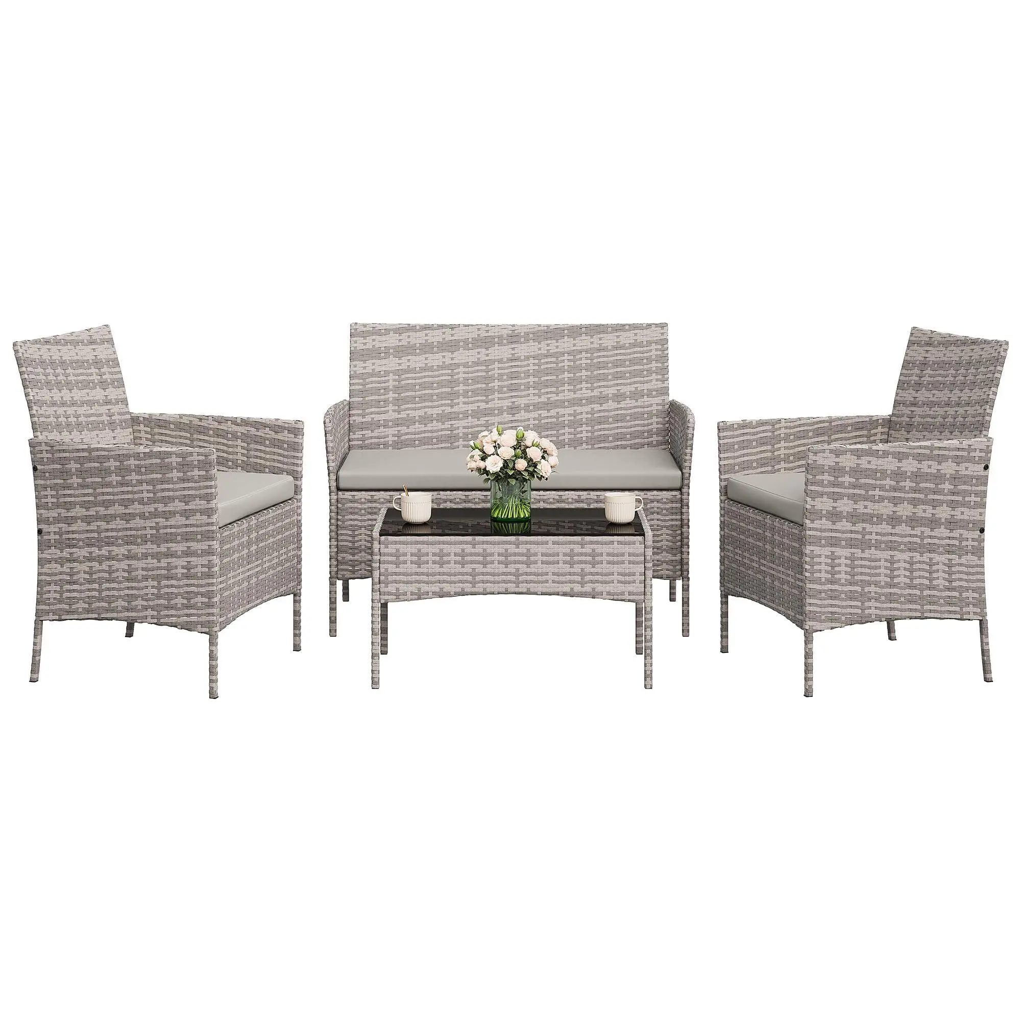 Gaomon 4-Piece Modern Hand-Woven Waterproof PE Wicker Rattan Patio Conversation Set - All-Weather Outdoor Furniture with 2 Chairs, Loveseat, Tempered Glass Coffee Table, Easy Setup for Garden, Decks, Rattan Conversation Sets