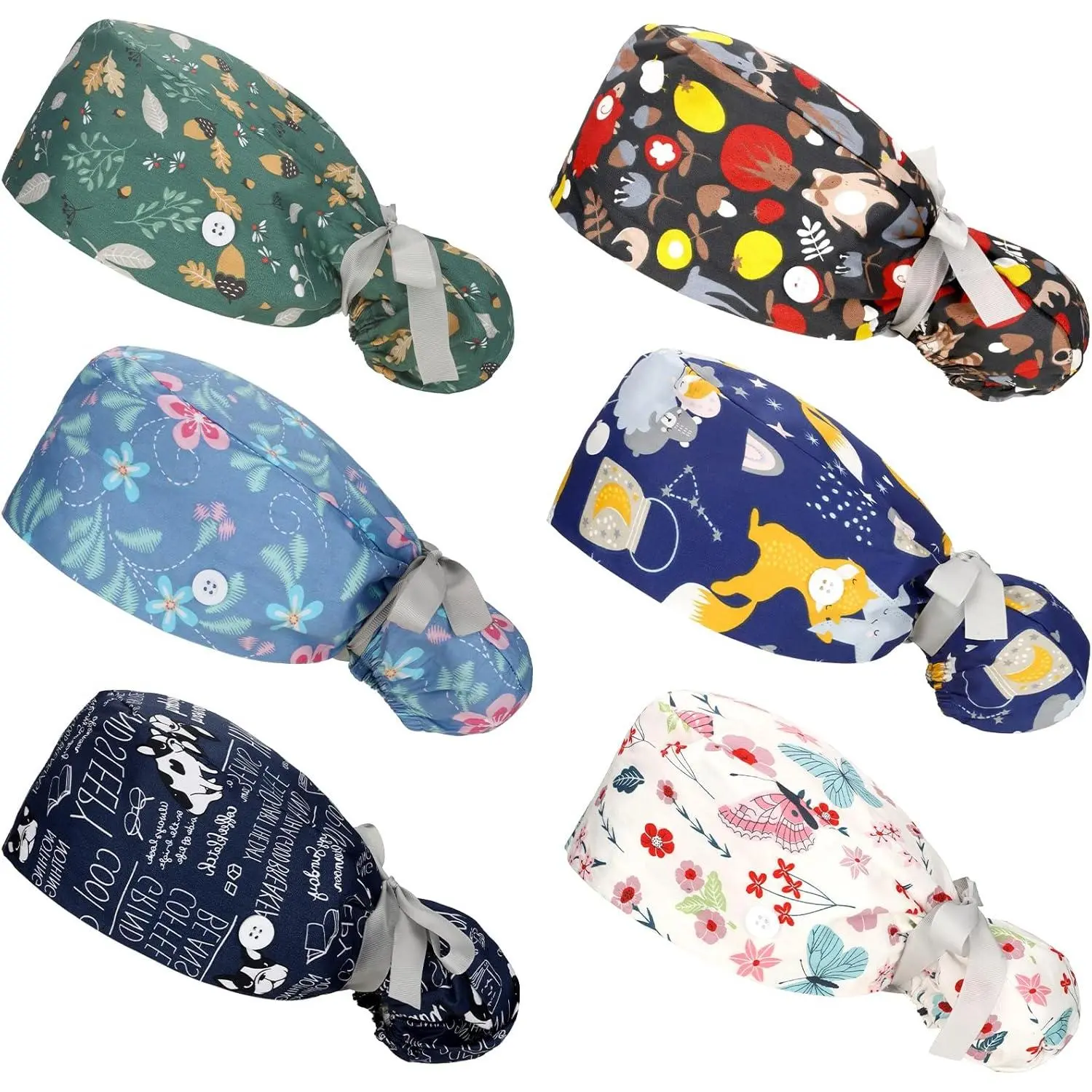 6 Pcs Printed Scrub Caps with Buttons,Adjustable Bouffant Hat with Ponytail Pouch for Long Hair,Sweatband Surgical Caps for Nurses & Doctors,Halloween Christmas Party Fathersdaygift