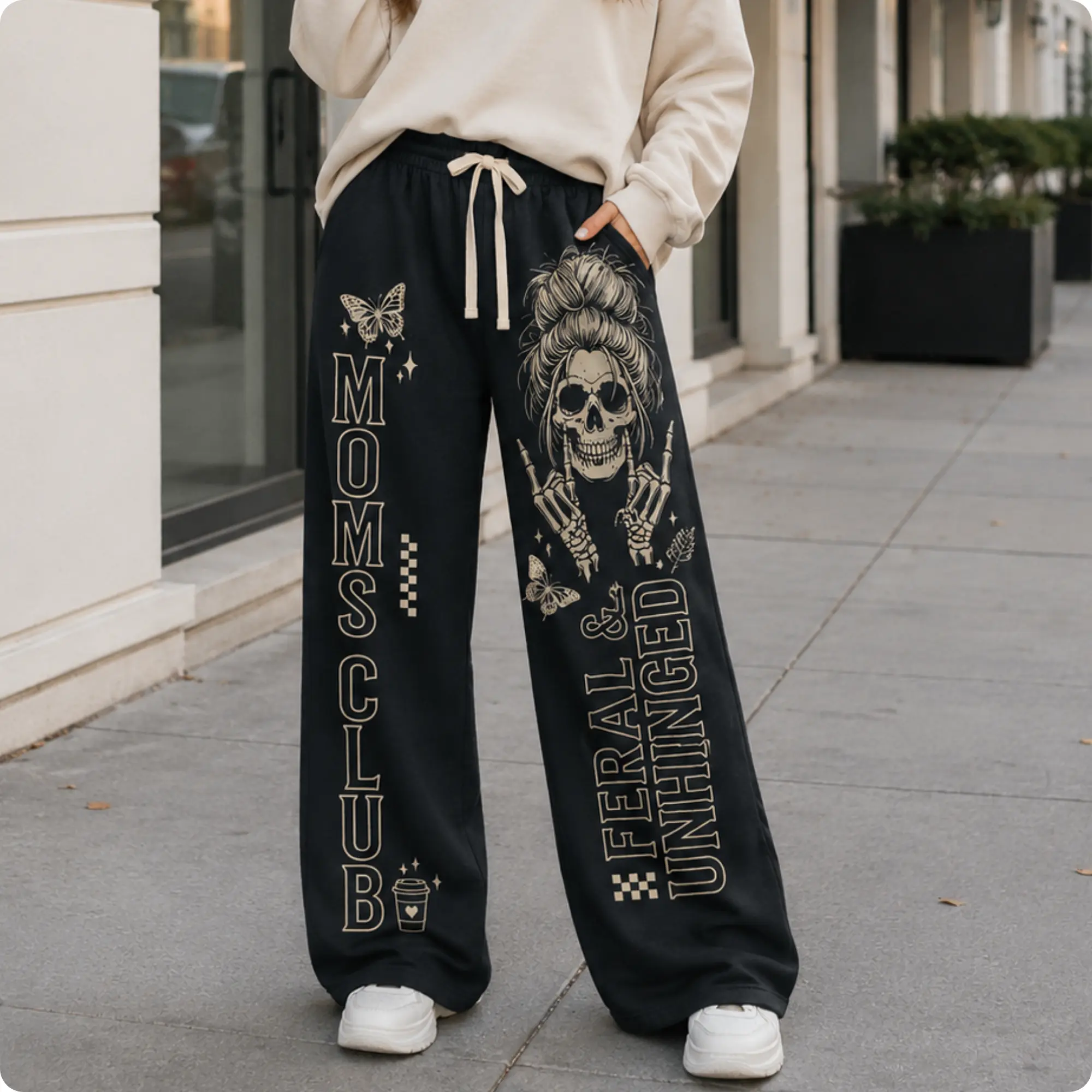 Moms Club Feral & Unhinged Graphic Wide Leg Sweatpants, Funny Mom Skull Lounge Pants, Soft Cozy Drawstring Pajama Pants, Edgy Mom Gift, Casual Streetwear Pants for Women, Mother’s Day Birthday Gift