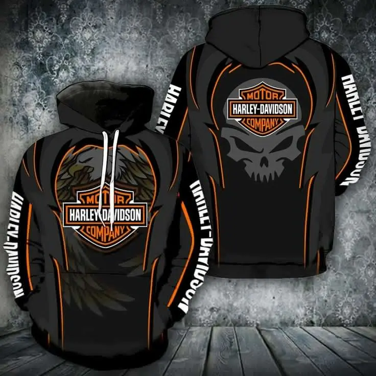 Harley-Davidson Racing Hoodie, Orange & Black Motorcycle Graphic Hoodie, Men's & Women's Biker Streetwear Sweatshirt, Casual Pullover Hoodie, Motorcycle Style**