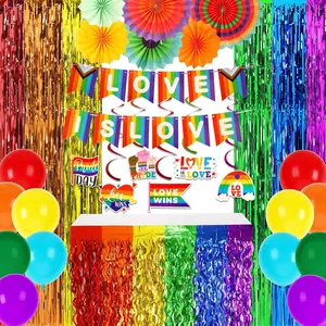 Pride Party Decorations Set Banner  Swirls Balloon Rainbow Foil Fringe Curtains Table Skirts Paper Fans for Pride Month Rainbow Gay Pride Party Decorations