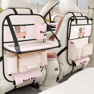 Cute Bear Car Seat Back Storage Bag, Foldable Table Board + Multi-Compartment Organizer, Rear Seat Hanging Pouch for Clean Space, Car Interior Accessory!