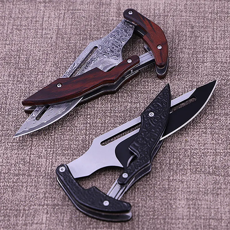 2pc Damascus steel camping knife with rosewood handle, sharp, lightweight and portable, suitable for daily carry, outdoor camping emergency use, the best gift for men on and Valentine's Day!