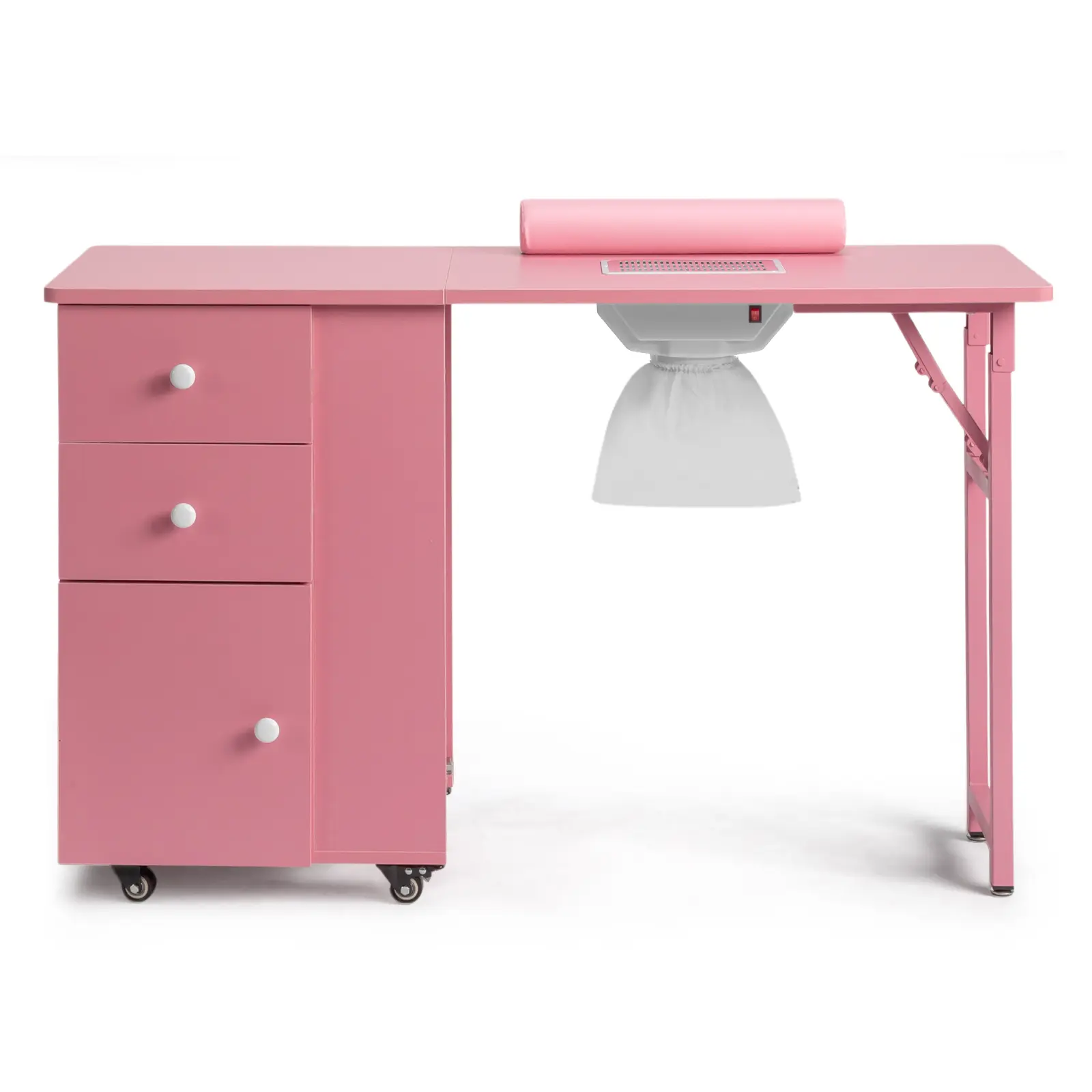 Pink Folding Nail Desk With Built-In Dust Collector Fan, MDF Manicure Workstation With 2 Drawers And 1 Lockable Cabinet Door, Rolling Locking Casters And Detachable Hand Rest Pillow For Nail Salon Home Beauty Use