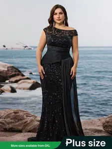 Elegant Long Formal Evening Gown, Sequined Asymmetrical Neckline, Waist Tie, Ruched Hem, Embroidered Butterfly Sleeves, Mermaid Tail Design