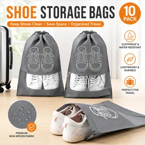10-Pack Reusable Large Sports Shoe Bags - Non-Woven Drawstring Design, Transparent Window for Easy Identification