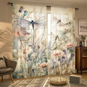 2 Piece Dragonfly Floral Print Curtains, Elegant Watercolor Plant Design Lightweight Half Sunshade Drapes, Easy Install Rod Pocket, Home Decor
