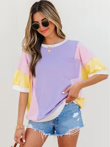 Color Block Patchwork Half Sleeve Oversized T Shirt, The Oversized Fit Allows For A Chic and Relaxed Style Statement.
