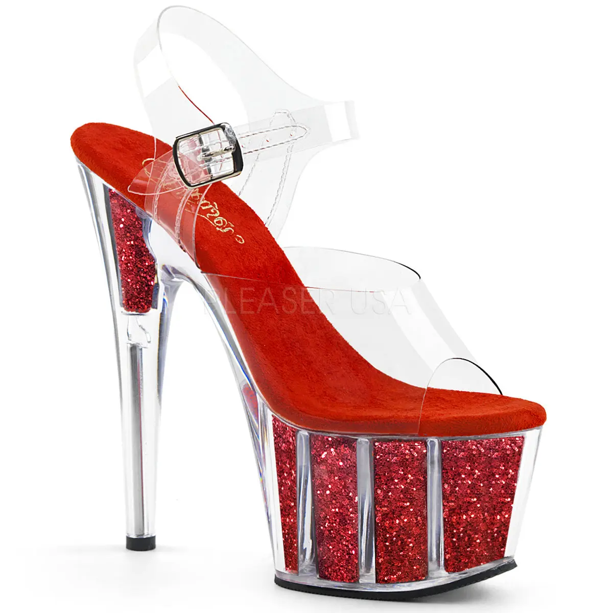 Women's Red Glitter Platform Footwear, Elegant Ankle Strap Sandals with 7-in Heel & 2.75-in Glitter Insert Platform - ADORE-708G, High Heels, Stylish, Shoe, Pleaser, Platform Heel