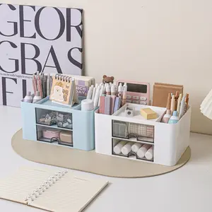 2-Drawer Multi-Functional Pen Organizer, Desk Pencil Holder Storage Box, Stationery Storage Organizer for Office Supplies, Vanity Table, Office, School, and Home, Desk Organizer Tidy