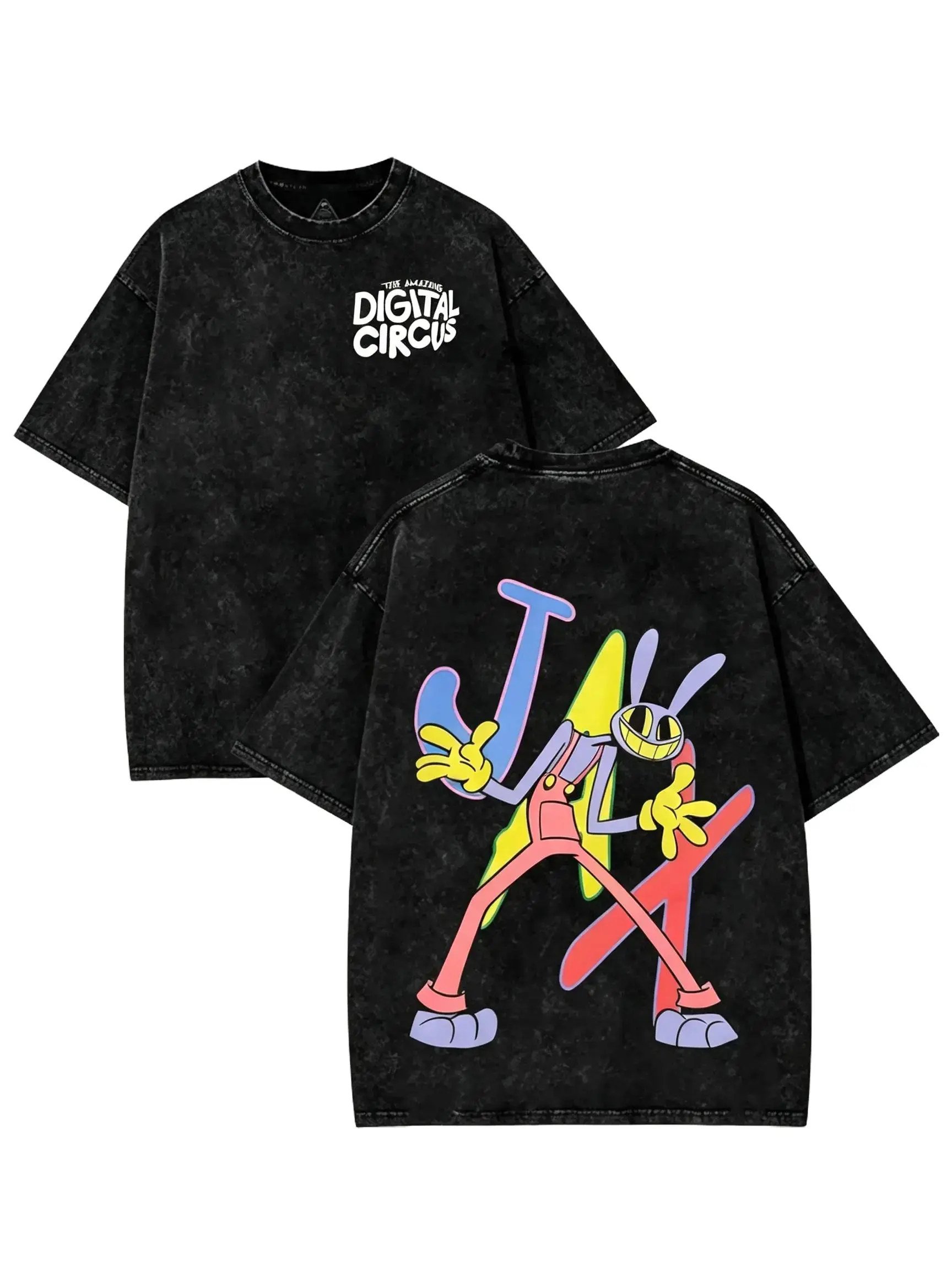 Women's Jax The Amazing Digital Circus Cartoon Vibe Cotton Crew Neck Casual Top - Vintage Washed, Indie, Oversized, Heavyweight Short Sleeve T-Shirt, Tops