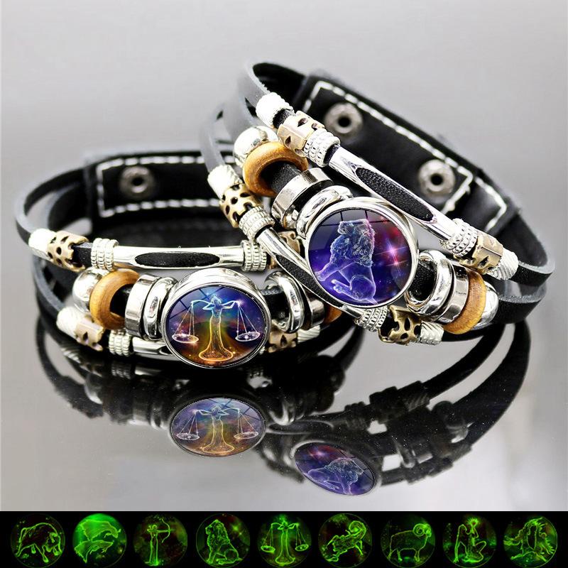 Glow-in-the-Dark 12 Zodiac Signs Leather Bracelet for Women 6.9in/8.1in Fashion Jewelry, Gifts Accessory