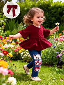 Girls' Vintage Style Set, Five-Quarter Sleeve Top & Denim Print Pants, Perfect for Daily Outdoor Play & Parties, Casual Fashion Set, Casual Summer Set