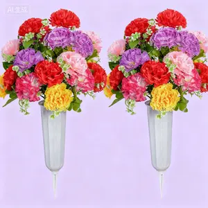 Dual Artificial Flower Bouquet Set with Vase, Cemetery Headstone Decoration, Reusable Carnation Memorial Flowers, Grave Decor, Weather-Resistant Floral Arrangement for Gravesites