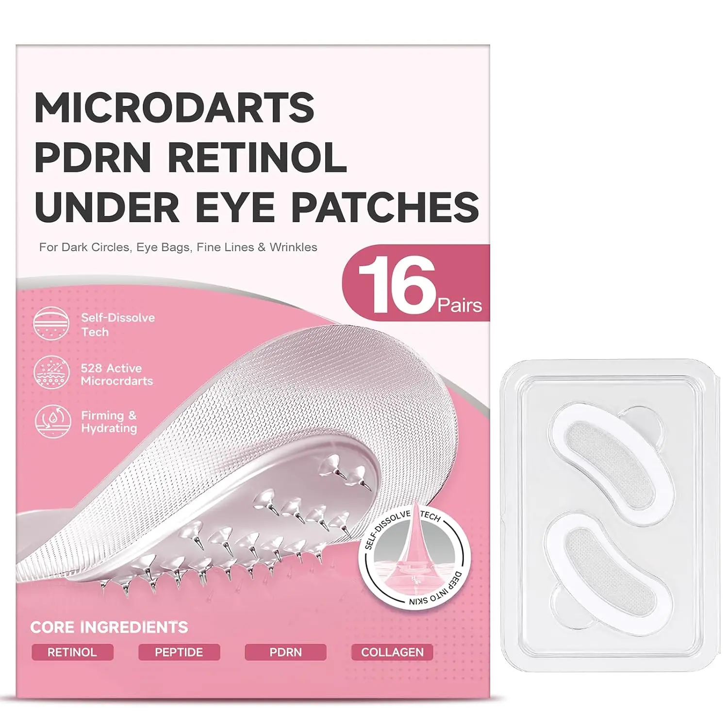 8 Pairs Microdart Eye Patches, Collagen Peptide Under Eye Patchs with PDRN | Retinol & PDRN Eye Mask for Fine Lines, Eye Bags & Dark Circles, Korean Skin Care