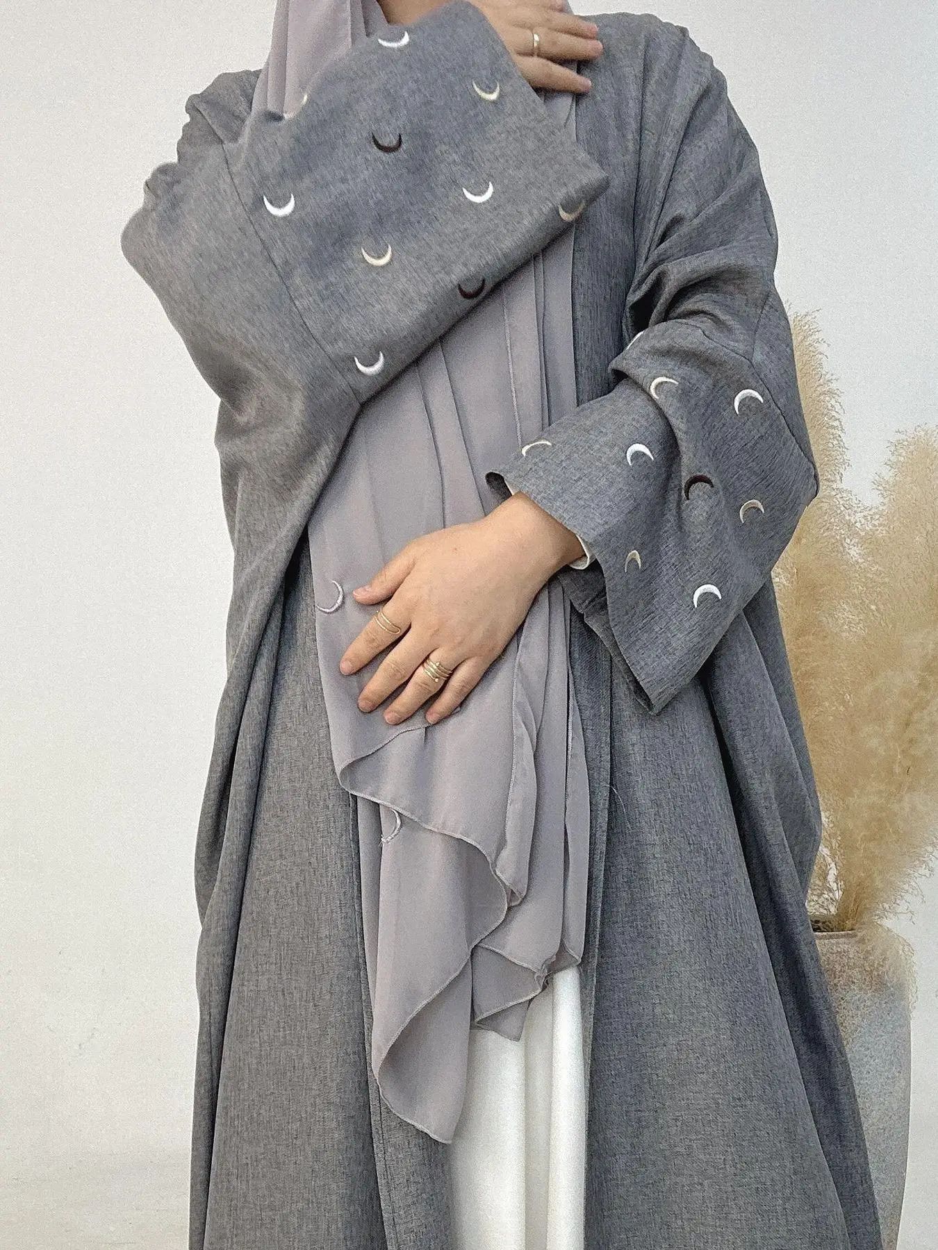 Women's Moon Embroidery Long Sleeve Open Front Abaya, Elegant Long Abaya for Party Holiday Vacation, Ladies Fall & Winter Clothes