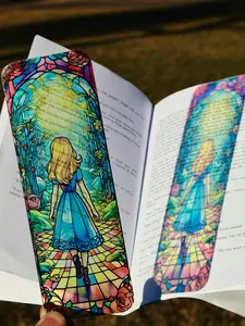Alice in Wonderland Stained Glass Bookmark – Whimsical Fairy Tale Art, Enchanting Wonderland Adventure