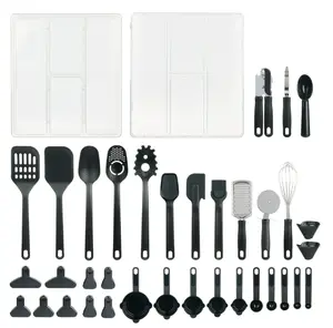 36 Piece Kitchen Gadget Set with Utensils and Drawer Organizer - Black Silicone Cookware