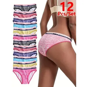 12pcs Comfy Women's Briefs with Letter Print Waistband - Breathable, Seamless, Solid Color Triangle Panties in Assorted Womenswear Bridal