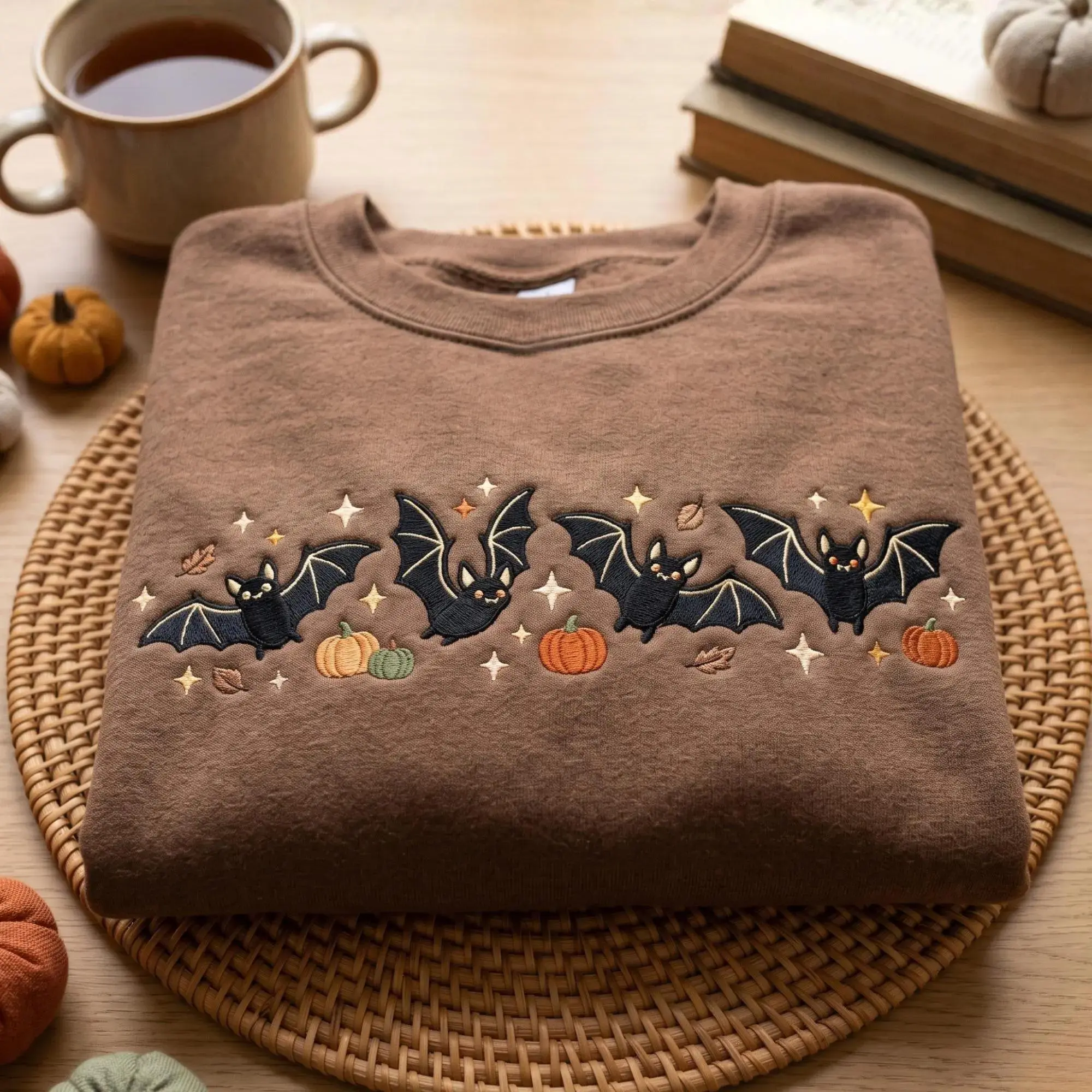[Made in US] Embroidered Bats And Pumpkins Sweatshirt, Spooky Autumn Jumpers, Fall Cosy Sweater, Halloween Gifts