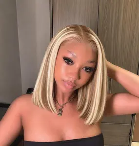 AMZ P4/613 Blonde Short Bob Wig Transparent Lace Front Human Hair Wigs 13X4 Honey Blonde Dark Root Colored Short Bob Lace Frontal Wig