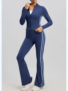 Women's 2 Piece Yoga Outfit Zip Front Long Sleeve Athletic Top High Waist Flare Leggings with Side Stripes Gym Workout Running Fitness Sportswear Casual Loungewear Activewear Set